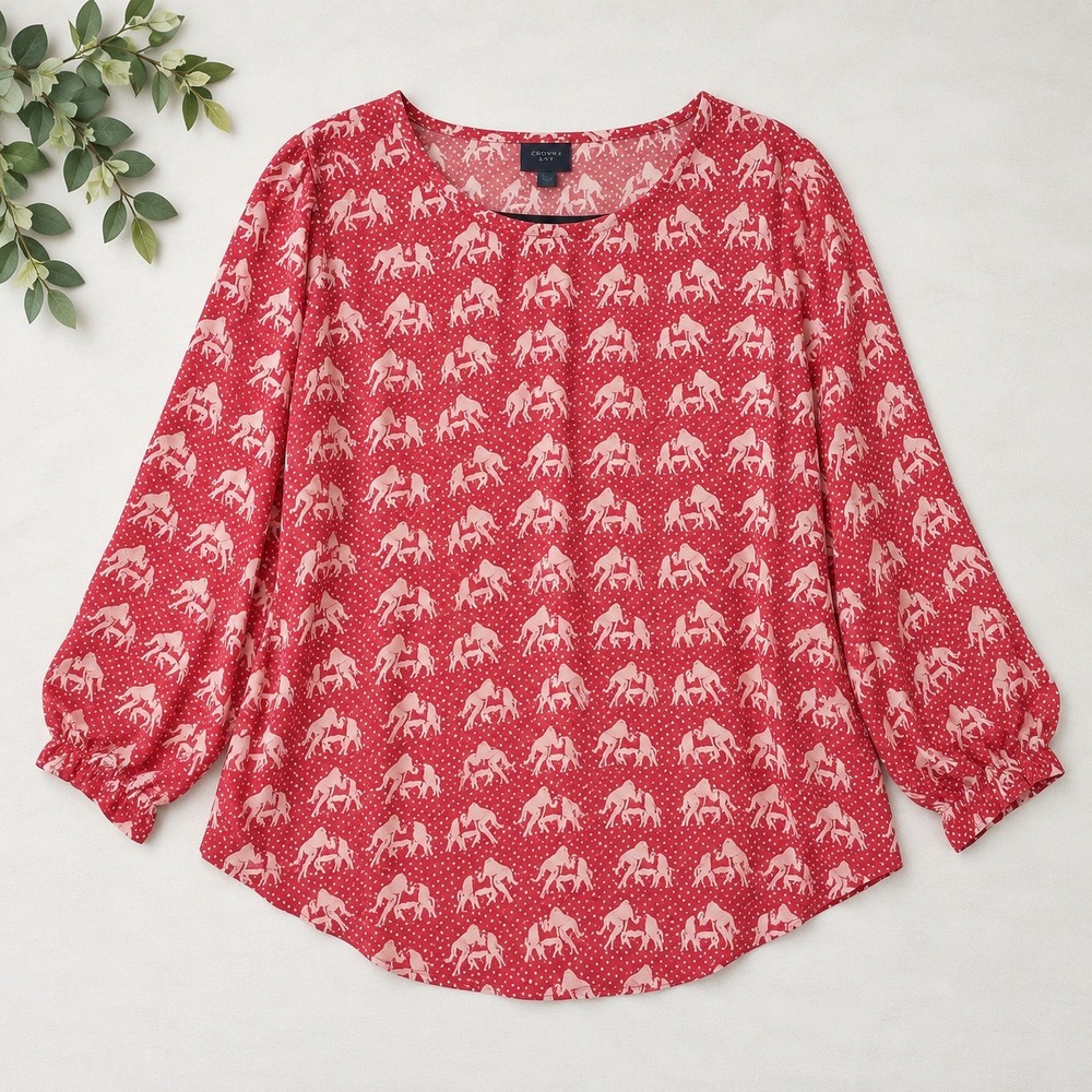 Elephant Print Blouse Red White Roll Tab Sleeve Top Sz S Boho Whimsical
